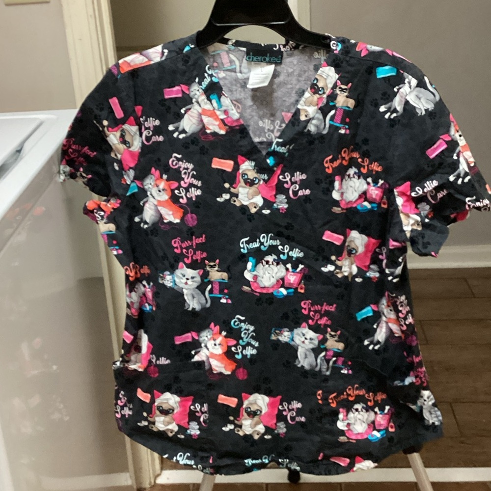 Cherokee Black Scrub Top with Cat and Coffee Print